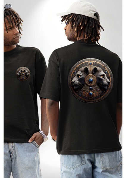 Kutsal Aslan ve Mitoloji Mısır Piramit Tanrısı Siyah Oversize Kadın Erkek Ön ve Sırt Baskılı Tişört