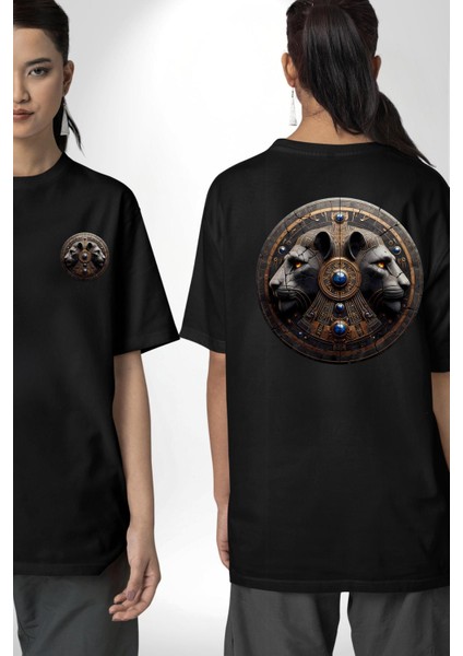 Kutsal Aslan ve Mitoloji Mısır Piramit Tanrısı Siyah Oversize Kadın Erkek Ön ve Sırt Baskılı Tişört fırsatları