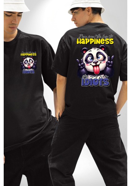 Mutluluğun Anahtarını Buldum Panda Komik Tasarım Siyah Oversize Kadın Erkek Ön ve Sırt Baskılı Tişört
