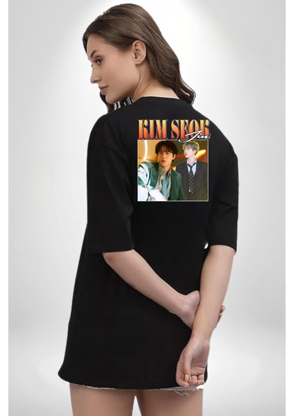 Kim Seok Jin Şarkıcı Kore Pop Siyah Oversize Kadın Erkek Ön ve Sırt Baskılı Tişört
