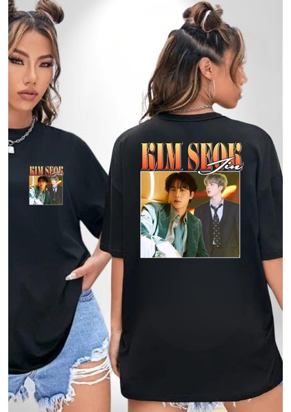 Kim Seok Jin Şarkıcı Kore Pop Siyah Oversize Kadın Erkek Ön ve Sırt Baskılı Tişört