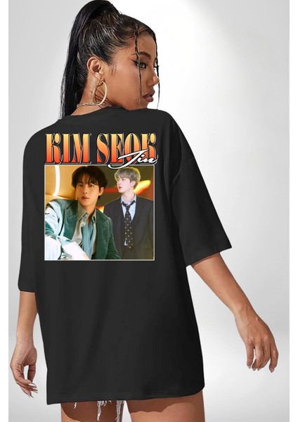 Kim Seok Jin Şarkıcı Kore Pop Siyah Oversize Kadın Erkek Ön ve Sırt Baskılı Tişört