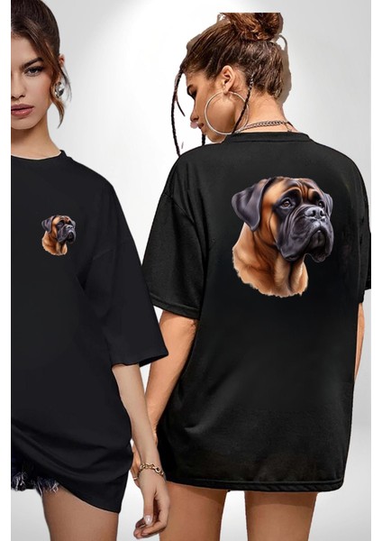 Güçlü Bullmastiff Köpek Siyah Oversize Kadın Erkek Ön ve Sırt Baskılı Tişört