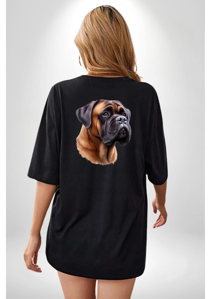 Güçlü Bullmastiff Köpek Siyah Oversize Kadın Erkek Ön ve Sırt Baskılı Tişört fiyatları
