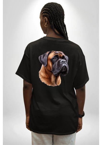 Güçlü Bullmastiff Köpek Siyah Oversize Kadın Erkek Ön ve Sırt Baskılı Tişört indirimleri