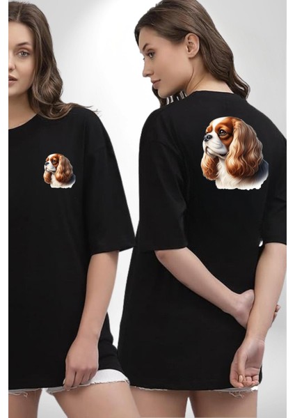 Cavalier King Charles Spaniel Köpek Tasarımı Siyah Oversize Kadın Erkek Ön ve Sırt Baskılı Tişört fırsatları