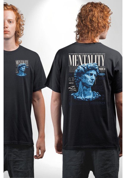 Mentalite ve Güç Zihinsel Miras Derin Düşünceler Siyah Oversize Kadın Erkek Ön ve Sırt Baskılı Tişört