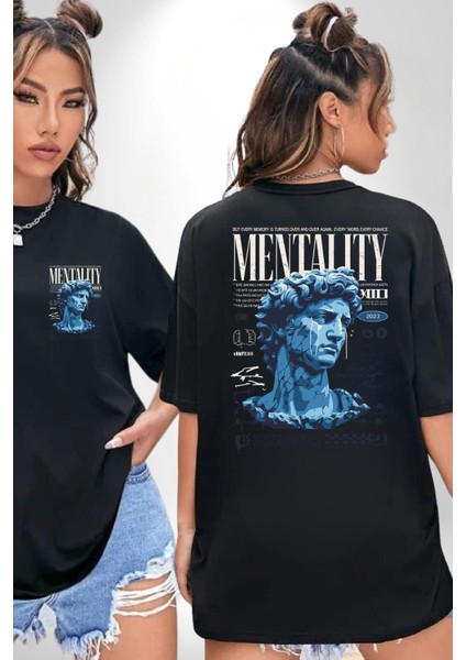 Mentalite ve Güç Zihinsel Miras Derin Düşünceler Siyah Oversize Kadın Erkek Ön ve Sırt Baskılı Tişört fırsatları