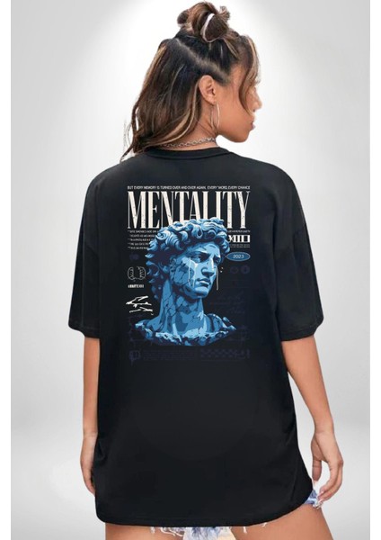 Mentalite ve Güç Zihinsel Miras Derin Düşünceler Siyah Oversize Kadın Erkek Ön ve Sırt Baskılı Tişört indirimleri