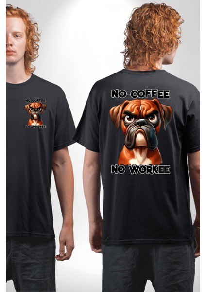 Kahve Olmadan Çalışmam Kahve Aşkı ve Boxer Köpek Siyah Oversize Kadın Erkek Ön ve Sırt Baskılı Tişört fırsatları