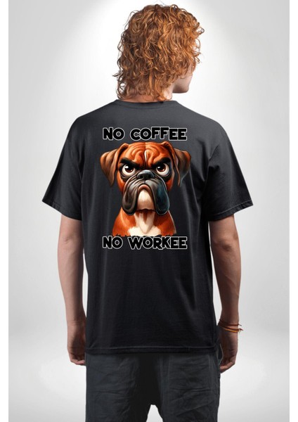 Kahve Olmadan Çalışmam Kahve Aşkı ve Boxer Köpek Siyah Oversize Kadın Erkek Ön ve Sırt Baskılı Tişört indirimleri