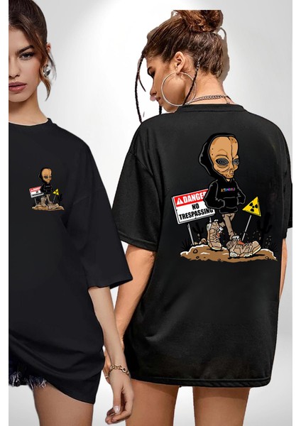 Astroworld Alien Uzaylı Radyasyon Siyah Oversize Kadın Erkek Ön ve Sırt Baskılı Tişört