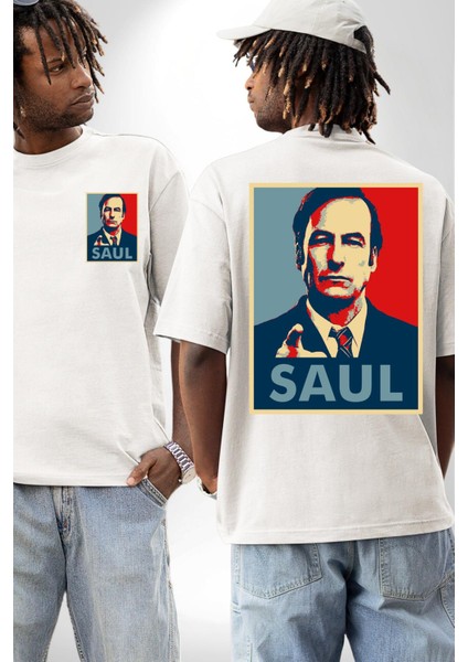 Better Call Saul Dizi Temalı Karakter Beyaz Oversize Kadın Erkek Ön ve Sırt Baskılı Tişört