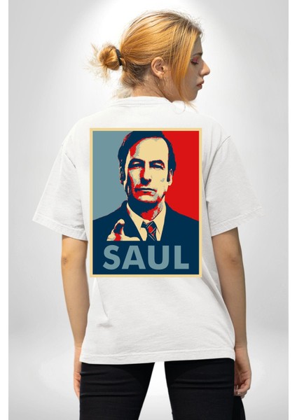 Better Call Saul Dizi Temalı Karakter Beyaz Oversize Kadın Erkek Ön ve Sırt Baskılı Tişört fiyatları