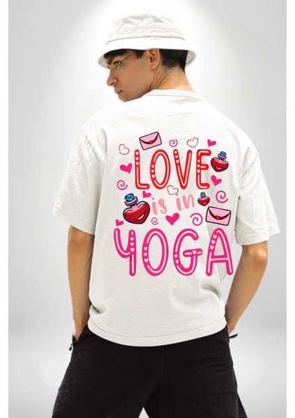 Yoga Seviyorum Yoga Tutkunları Beyaz Oversize Kadın Erkek Ön ve Sırt Baskılı Tişört fiyatları