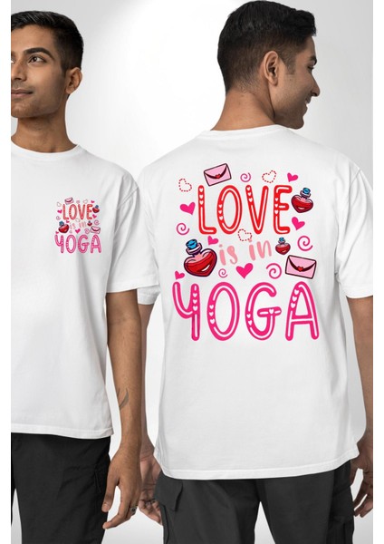 Yoga Seviyorum Yoga Tutkunları Beyaz Oversize Kadın Erkek Ön ve Sırt Baskılı Tişört fırsatları