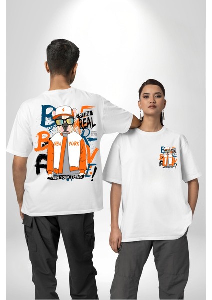 Turuncu Beyaz Spor Ceketli Fransız Bulldog Köpek Beyaz Oversize Kadın Erkek Ön ve Sırt Baskılı Tişört