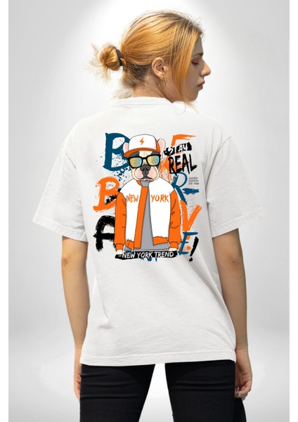 Turuncu Beyaz Spor Ceketli Fransız Bulldog Köpek Beyaz Oversize Kadın Erkek Ön ve Sırt Baskılı Tişört fiyatları