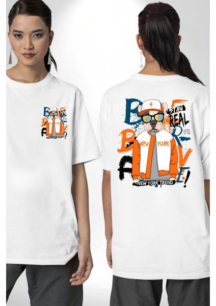 Turuncu Beyaz Spor Ceketli Fransız Bulldog Köpek Beyaz Oversize Kadın Erkek Ön ve Sırt Baskılı Tişört fırsatları