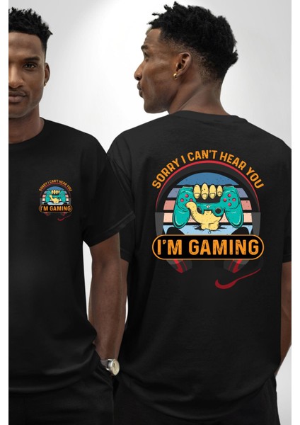 Gamer Özel Tasarım Oyundayım Seni Duymuyorum Siyah Oversize Kadın Erkek Ön ve Sırt Baskılı Tişört