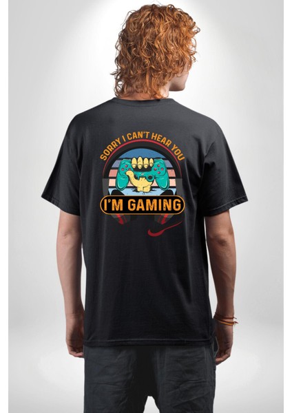 Gamer Özel Tasarım Oyundayım Seni Duymuyorum Siyah Oversize Kadın Erkek Ön ve Sırt Baskılı Tişört