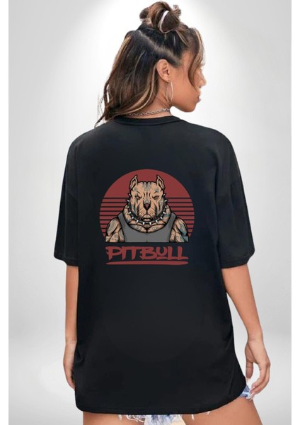 Pitbull Baskılı Güçlü ve Yaratıcı Grafik Tasarım Siyah Oversize Kadın Erkek Ön ve Sırt Baskılı Tişört fiyatları