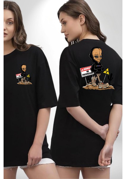 Astroworld Alien Uzaylı Radyasyon Siyah Oversize Kadın Erkek Ön ve Sırt Baskılı Tişört fırsatları