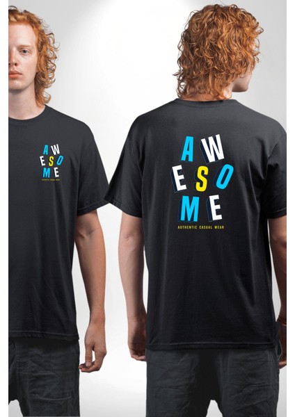 Awesome Baskılı Enerjik ve Renkli Grafik Tasarım Siyah Oversize Kadın Erkek Ön ve Sırt Baskılı Tişört