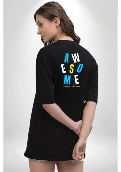 Awesome Baskılı Enerjik ve Renkli Grafik Tasarım Siyah Oversize Kadın Erkek Ön ve Sırt Baskılı Tişört fiyatları