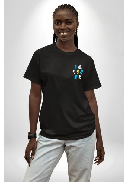 Awesome Baskılı Enerjik ve Renkli Grafik Tasarım Siyah Oversize Kadın Erkek Ön ve Sırt Baskılı Tişört modelleri