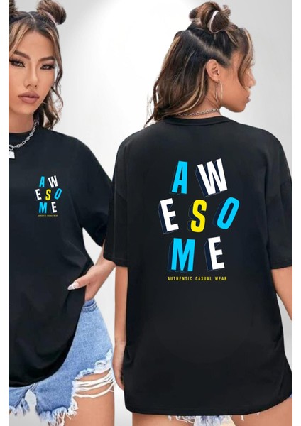 Awesome Baskılı Enerjik ve Renkli Grafik Tasarım Siyah Oversize Kadın Erkek Ön ve Sırt Baskılı Tişört fırsatları