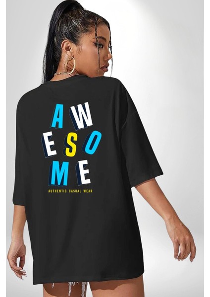 Awesome Baskılı Enerjik ve Renkli Grafik Tasarım Siyah Oversize Kadın Erkek Ön ve Sırt Baskılı Tişört indirimleri