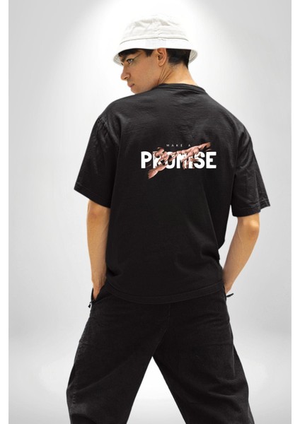 Söz Ver Baskılı Güçlü Mesaj ve Yaratıcı Tasarım Siyah Oversize Kadın Erkek Ön ve Sırt Baskılı Tişört fiyatları