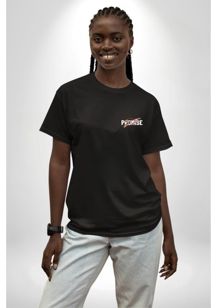 Söz Ver Baskılı Güçlü Mesaj ve Yaratıcı Tasarım Siyah Oversize Kadın Erkek Ön ve Sırt Baskılı Tişört modelleri