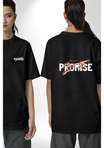 Söz Ver Baskılı Güçlü Mesaj ve Yaratıcı Tasarım Siyah Oversize Kadın Erkek Ön ve Sırt Baskılı Tişört fırsatları