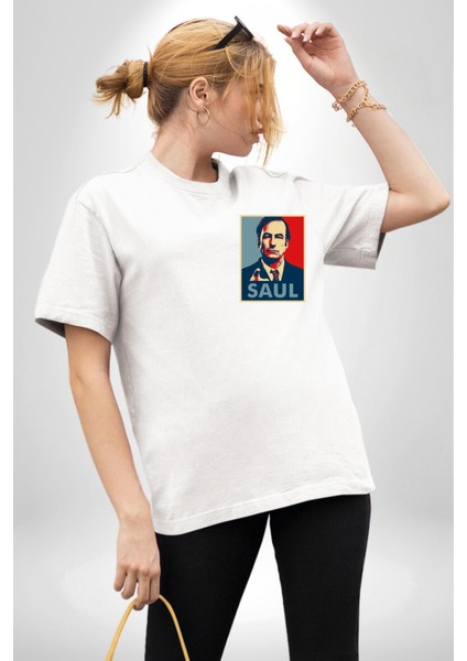 Better Call Saul Dizi Temalı Karakter Beyaz Oversize Kadın Erkek Ön ve Sırt Baskılı Tişört modelleri