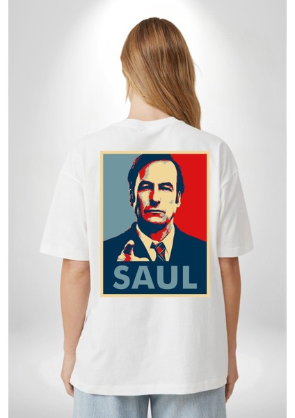 Better Call Saul Dizi Temalı Karakter Beyaz Oversize Kadın Erkek Ön ve Sırt Baskılı Tişört indirimleri