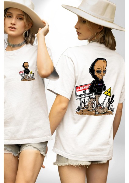 Astroworld Alien Uzaylı Radyasyon Beyaz Oversize Kadın Erkek Ön ve Sırt Baskılı Tişört