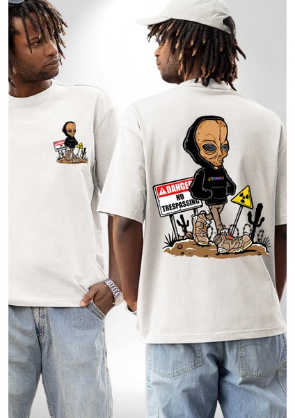Astroworld Alien Uzaylı Radyasyon Beyaz Oversize Kadın Erkek Ön ve Sırt Baskılı Tişört fırsatları