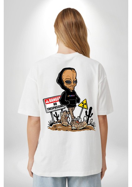 Astroworld Alien Uzaylı Radyasyon Beyaz Oversize Kadın Erkek Ön ve Sırt Baskılı Tişört indirimleri