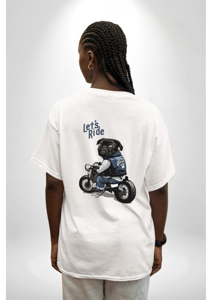 Motosiklet Pug Hadi Binelim! Beyaz Oversize Kadın Erkek Ön ve Sırt Baskılı Tişört fiyatları