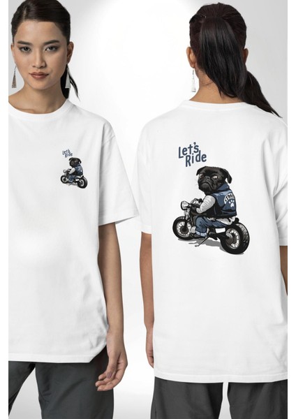 Motosiklet Pug Hadi Binelim! Beyaz Oversize Kadın Erkek Ön ve Sırt Baskılı Tişört fırsatları