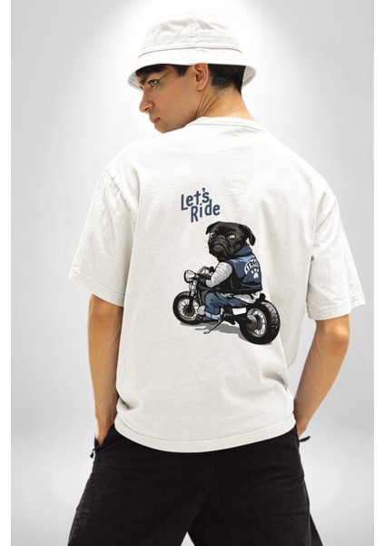 Motosiklet Pug Hadi Binelim! Beyaz Oversize Kadın Erkek Ön ve Sırt Baskılı Tişört indirimleri