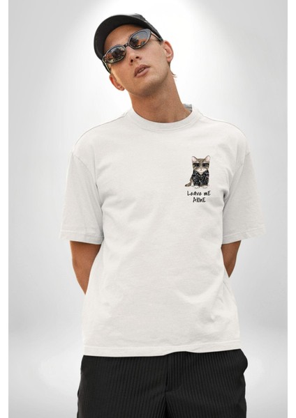 Beni Yalnız Bırak Punk Tarzı Kedi Tasarımı Beyaz Oversize Kadın Erkek Ön ve Sırt Baskılı Tişört modelleri