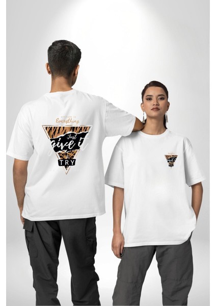 Zirveye Doğru Beyaz Oversize Kadın Erkek Ön ve Sırt Baskılı Tişört
