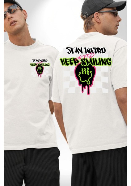 Sıradışı Gülümse Beyaz Oversize Kadın Erkek Ön ve Sırt Baskılı Tişört