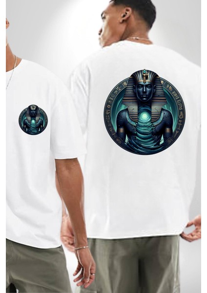 Wadj-Wer Tanrısı Okyanus Enerjili Mısır Beyaz Oversize Kadın Erkek Ön ve Sırt Baskılı Tişört