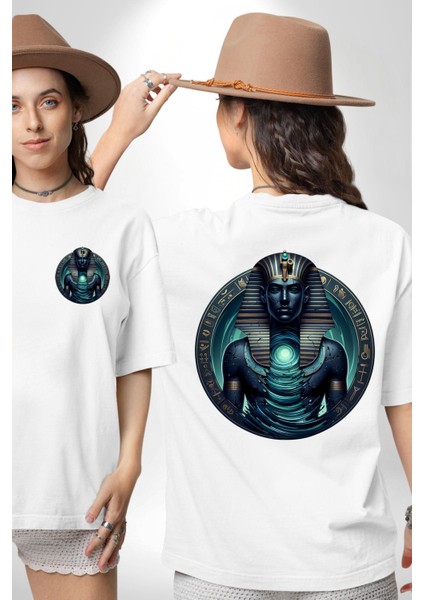 Wadj-Wer Tanrısı Okyanus Enerjili Mısır Beyaz Oversize Kadın Erkek Ön ve Sırt Baskılı Tişört fırsatları