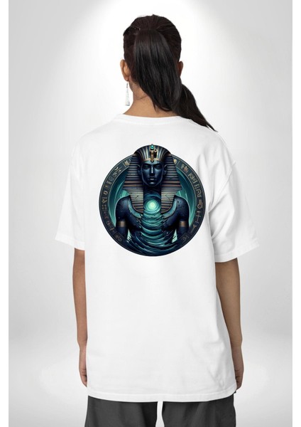 Wadj-Wer Tanrısı Okyanus Enerjili Mısır Beyaz Oversize Kadın Erkek Ön ve Sırt Baskılı Tişört indirimleri