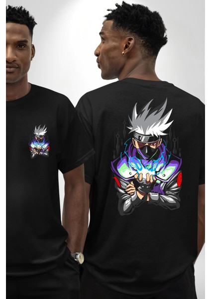 Kakashi Hatake Ninja Gücü Anime Siyah Oversize Kadın Erkek Ön ve Sırt Baskılı Tişört fırsatları